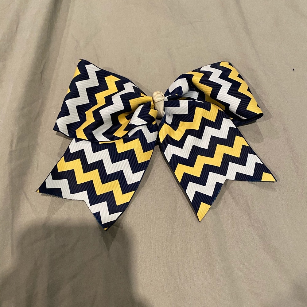 Blue white and navy zig zag cheer bow